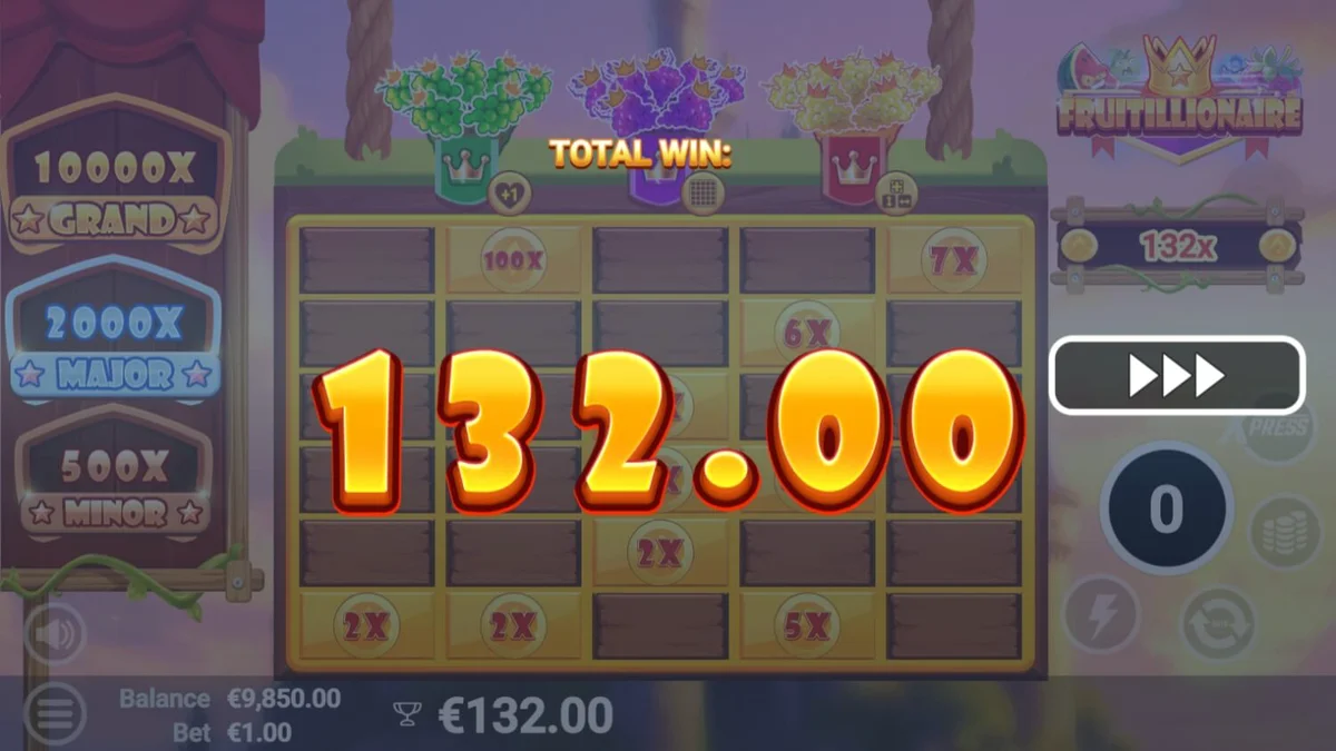 Tampilan visual slot Fruitillionaire dengan karakter buah yang marah dan latar belakang kerajaan.